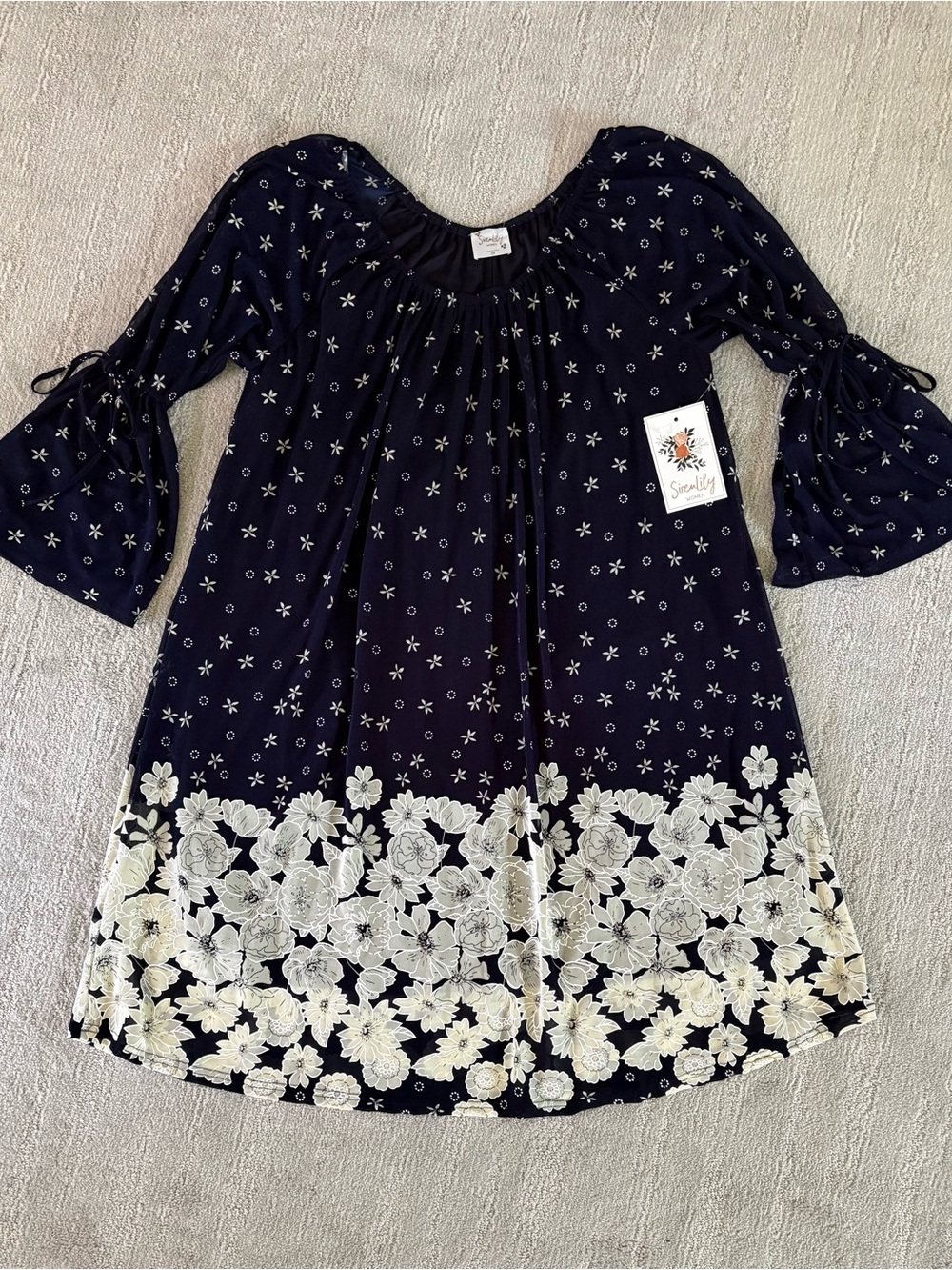 NWT Sirenlily Boho Floral Bell Sleeve Dress 2X Navy Blue